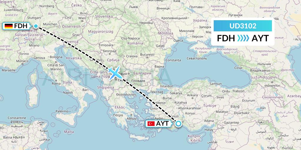 UD3102 UR Airlines Flight Map: Friedrichshafen to Antalya