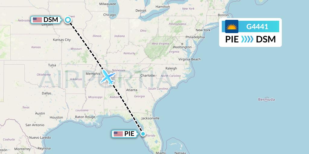 G4441 Allegiant Air Flight Map: St. Petersburg to Des Moines