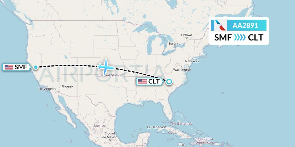 AA2891 American Airlines Flight Map: Sacramento to Charlotte