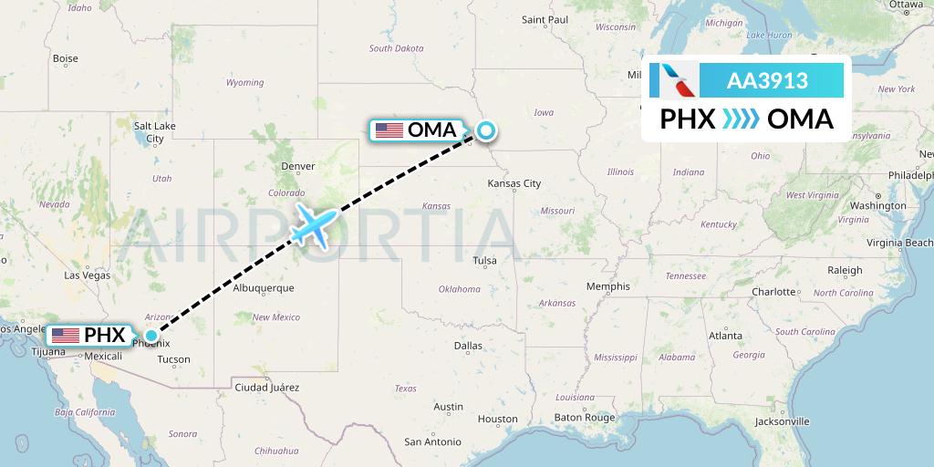 AA3913 American Airlines Flight Map: Phoenix to Omaha
