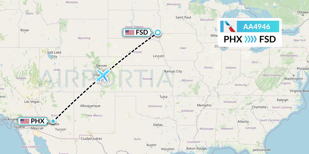 AA4946 American Airlines Flight Map: Phoenix to Sioux Falls