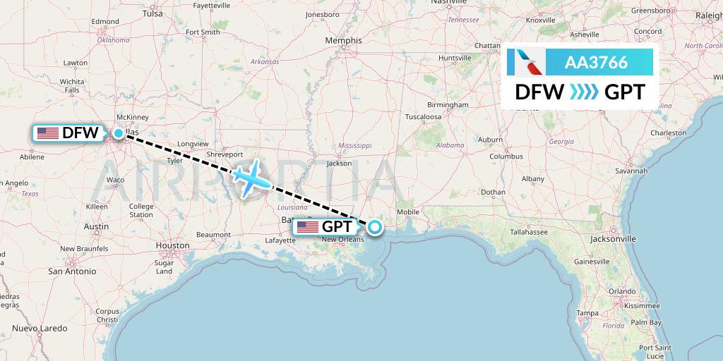 AA3766 American Airlines Flight Map: Dallas to Gulfport