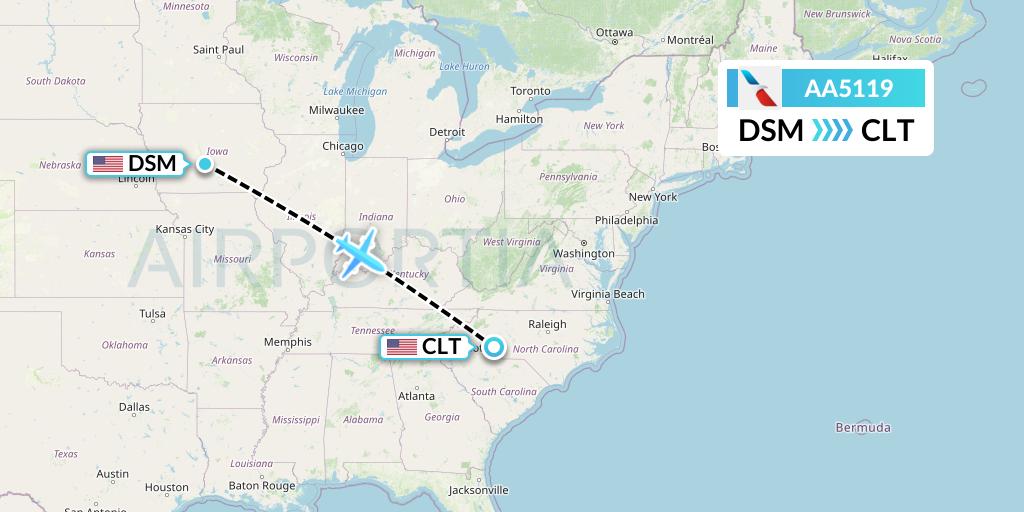 AA5119 American Airlines Flight Map: Des Moines to Charlotte