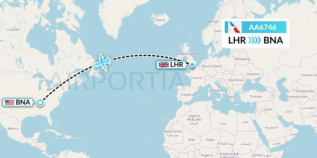 AA6746 American Airlines Flight Map: London to Nashville