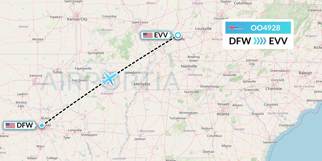OO4928 SkyWest Airlines Flight Map: Dallas to Evansville