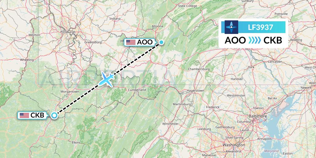 LF3937 Corporate Flight Management Flight Map: Altoona to Clarksburg
