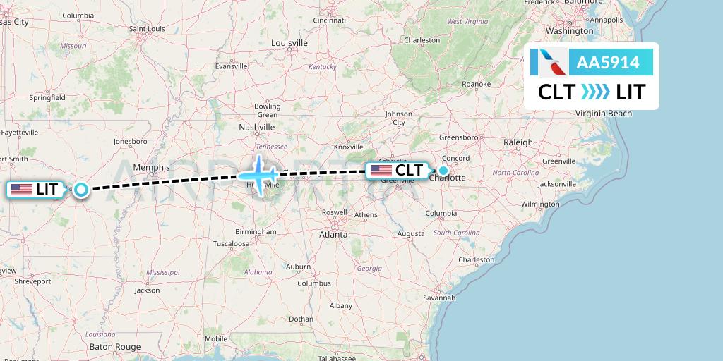 AA5914 American Airlines Flight Map: Charlotte to Little Rock
