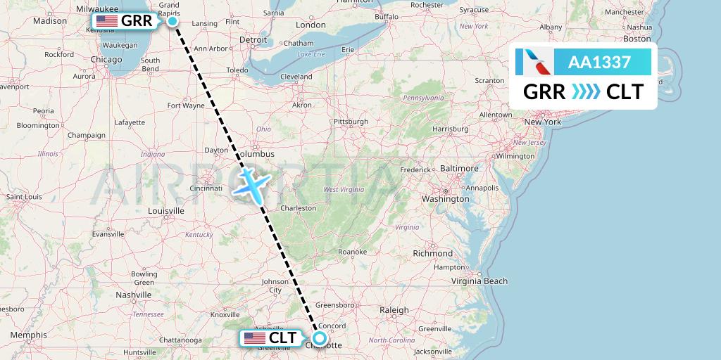 AA1337 American Airlines Flight Map: Grand Rapids to Charlotte