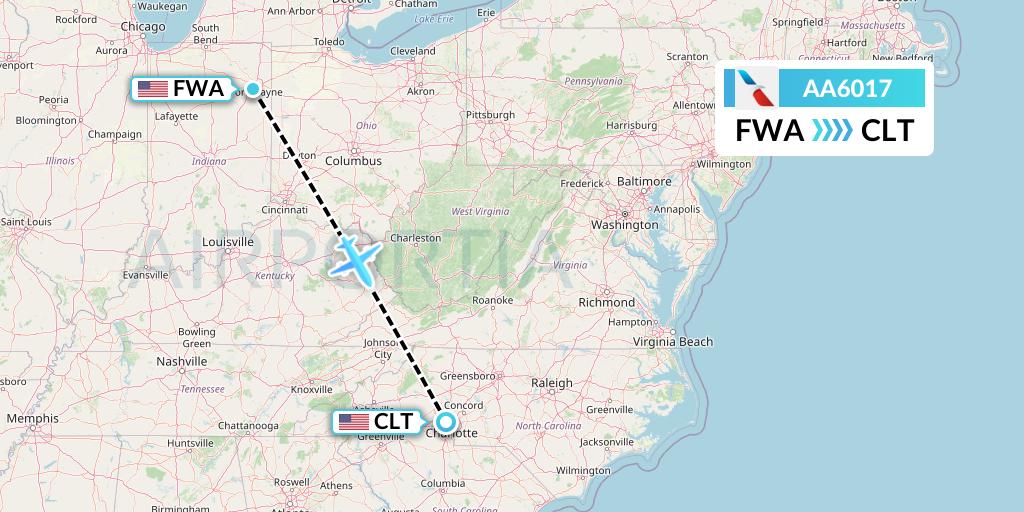 AA6017 American Airlines Flight Map: Fort Wayne to Charlotte