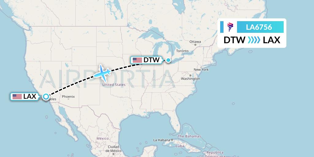 LA6756 LAN Airlines Flight Map: Detroit to Los Angeles