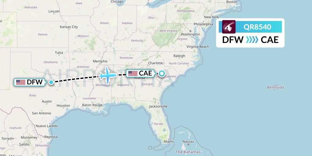 QR8540 Qatar Airways Flight Map: Dallas to Columbia