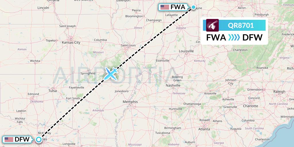 QR8701 Qatar Airways Flight Map: Fort Wayne to Dallas