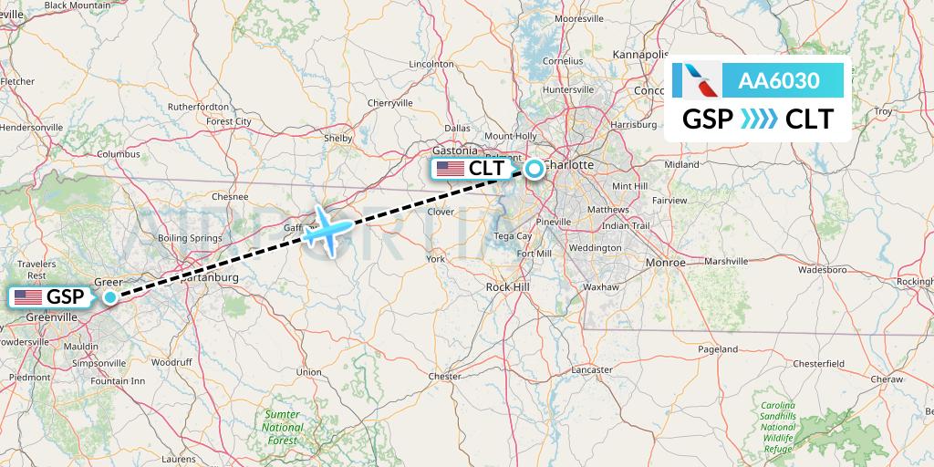 AA6030 American Airlines Flight Map: Greenville-Spartanburg to Charlotte
