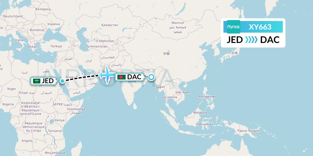 XY663 Flynas Flight Map: Jeddah to Dhaka