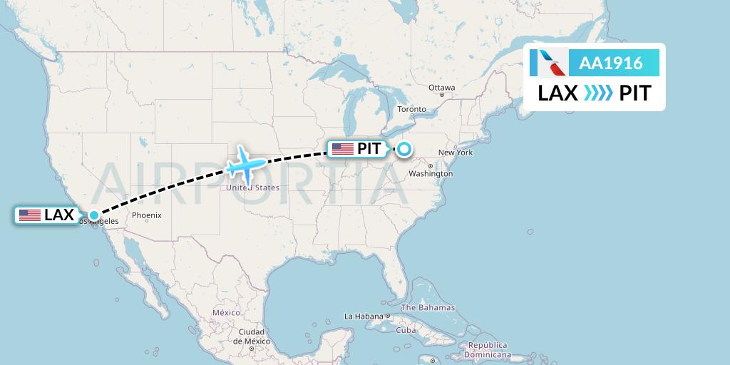 AA1916 American Airlines Flight Map: Los Angeles to Pittsburgh