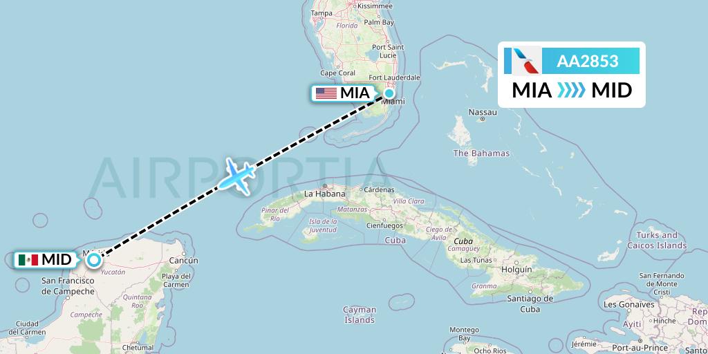 AA2853 American Airlines Flight Map: Miami to Merida