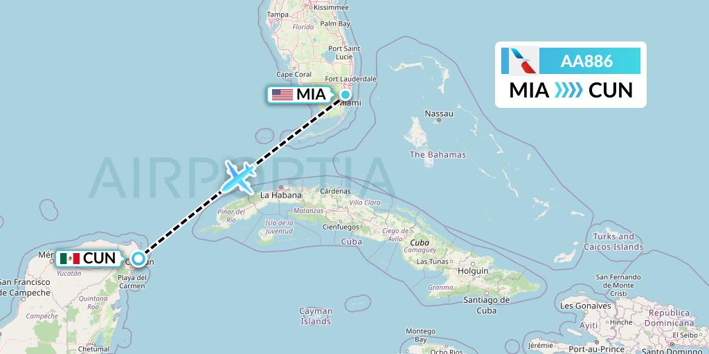 AA886 American Airlines Flight Map: Miami to Cancun