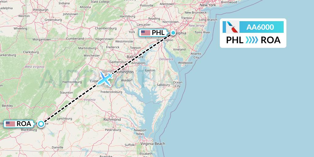 AA6000 American Airlines Flight Map: Philadelphia to Roanoke