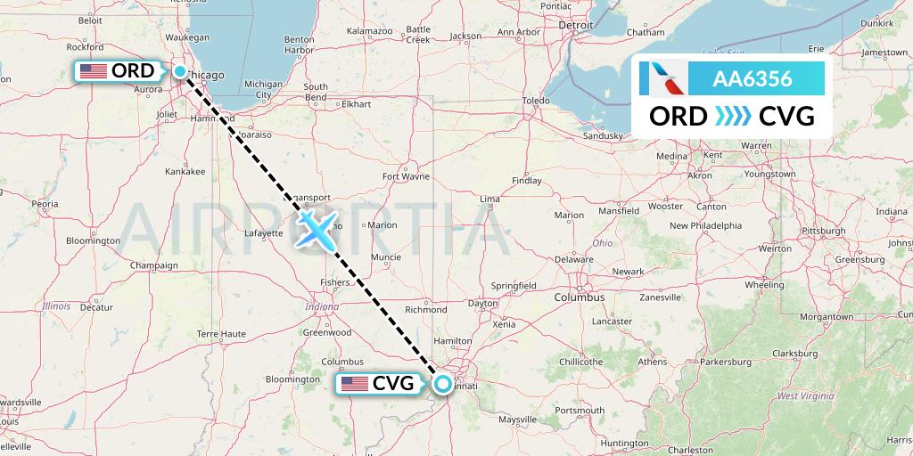 AA6356 American Airlines Flight Map: Chicago to Cincinnati