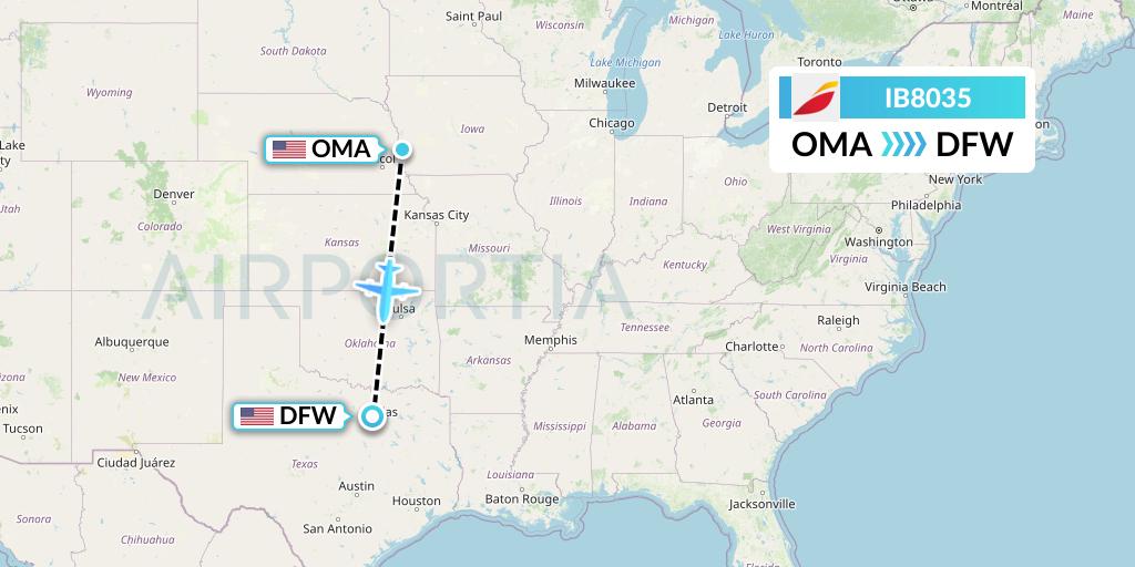 IB8035 Iberia Flight Map: Omaha to Dallas
