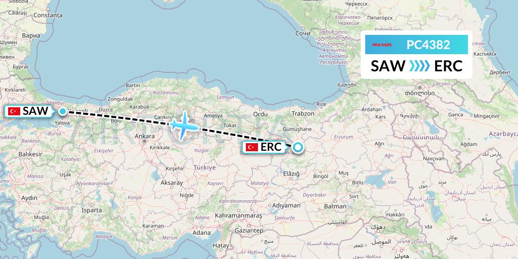 PC4382 Pegasus Airlines Flight Map: Istanbul to Erzincan