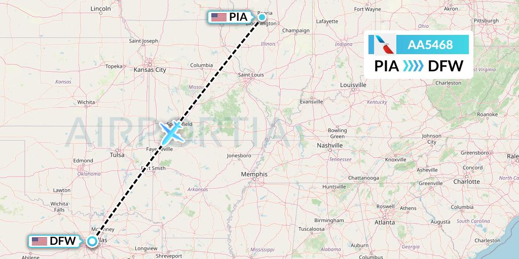 AA5468 American Airlines Flight Map: Peoria to Dallas
