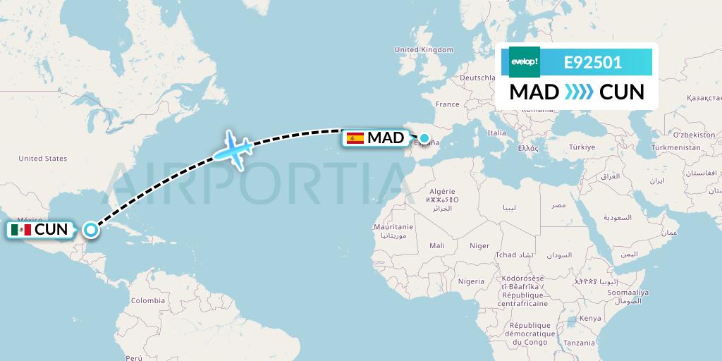 E92501 Evelop Airlines Flight Map: Madrid to Cancun