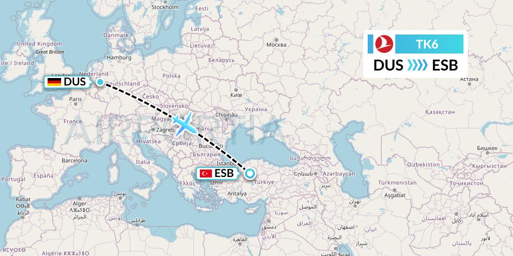 TK6 Turkish Airlines Flight Map: Dusseldorf to Ankara