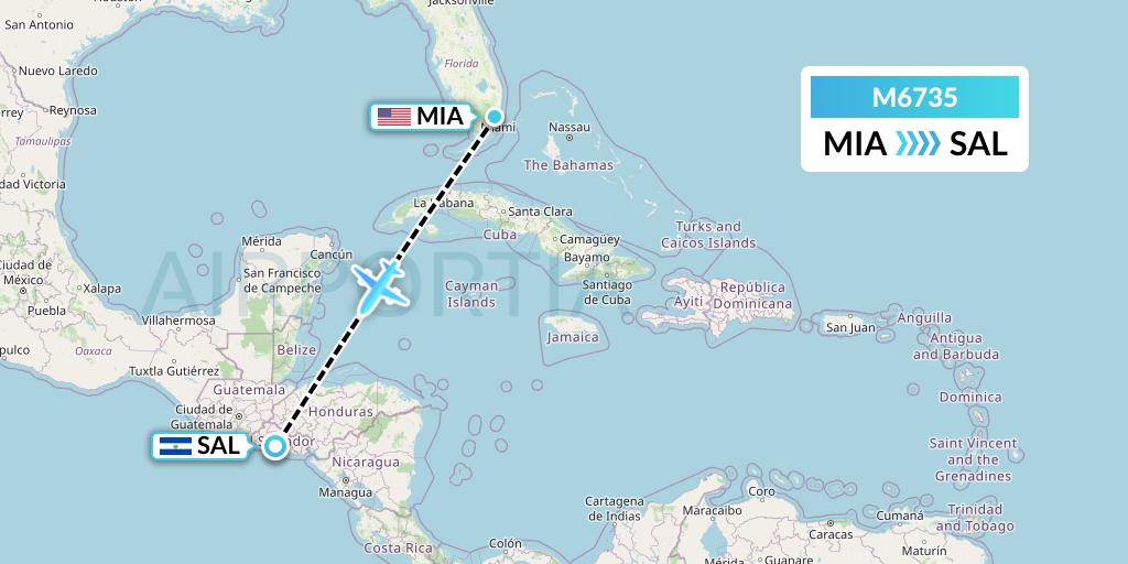 M6735 Amerijet International Flight Map: Miami to San Salvador