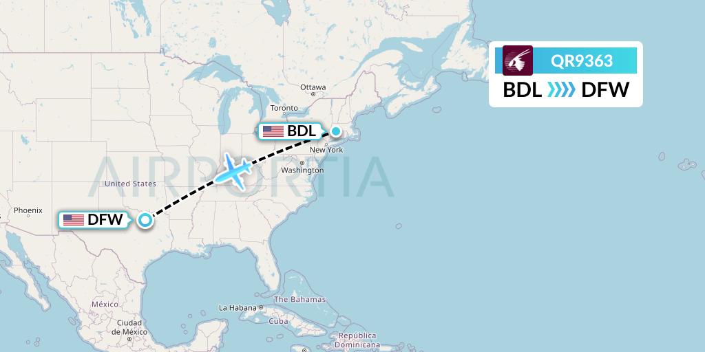 QR9363 Qatar Airways Flight Map: Windsor Locks to Dallas