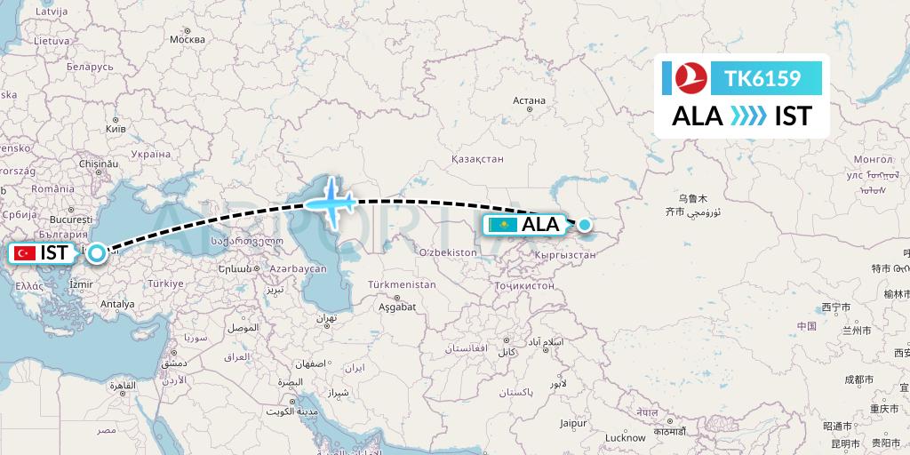 TK6159 Turkish Airlines Flight Map: Almaty to Istanbul