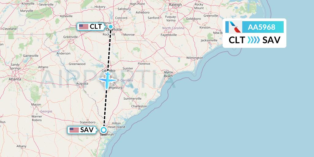 AA5968 American Airlines Flight Map: Charlotte to Savannah