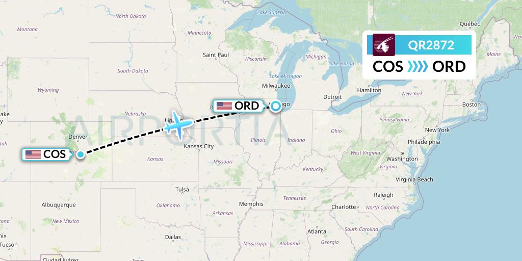 QR2872 Qatar Airways Flight Map: Colorado Springs to Chicago