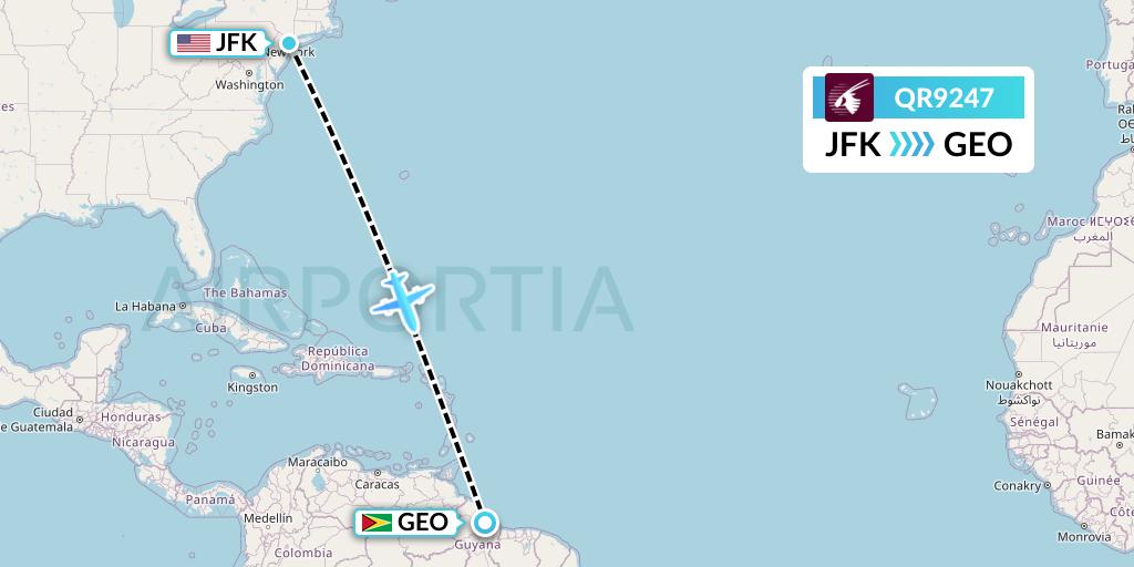 QR9247 Qatar Airways Flight Map: New York to Georgetown