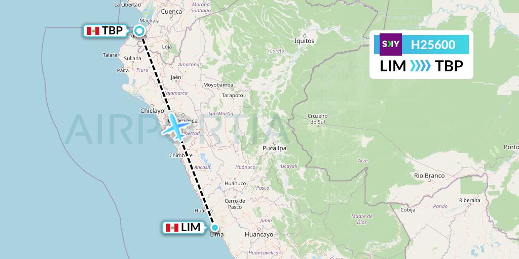 H25600 Sky Airline Flight Map: Lima to Tumbes