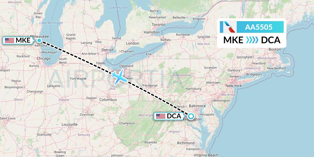 AA5505 American Airlines Flight Map: Milwaukee to Washington