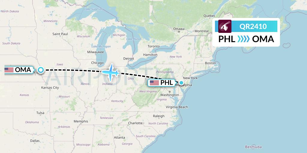 QR2410 Qatar Airways Flight Map: Philadelphia to Omaha