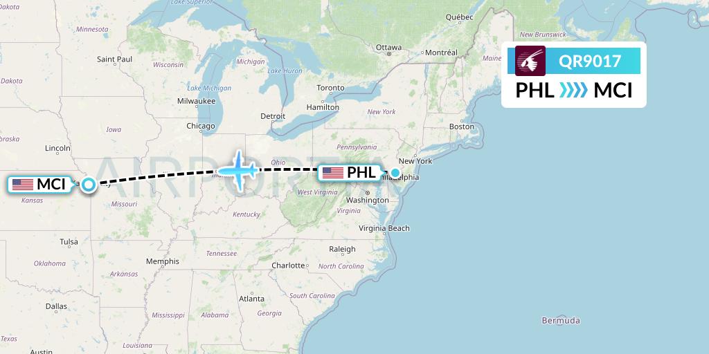 QR9017 Qatar Airways Flight Map: Philadelphia to Kansas City
