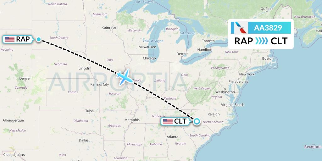 AA3829 American Airlines Flight Map: Rapid City to Charlotte