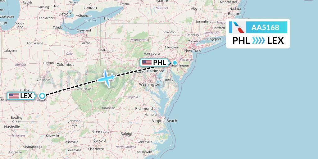 AA5168 American Airlines Flight Map: Philadelphia to Lexington