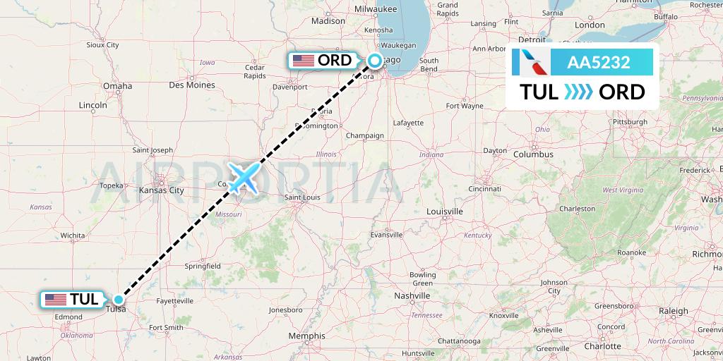 AA5232 American Airlines Flight Map: Tulsa to Chicago
