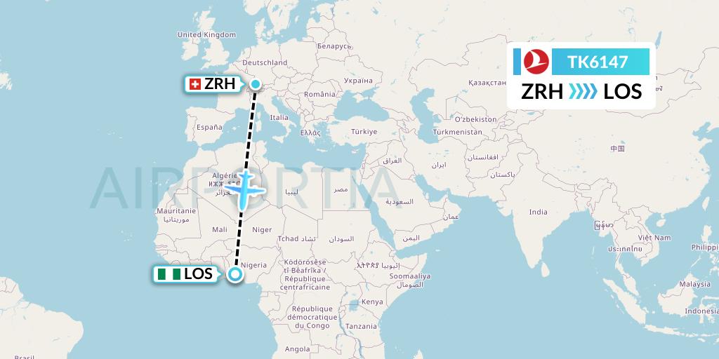 TK6147 Turkish Airlines Flight Map: Zurich to Lagos