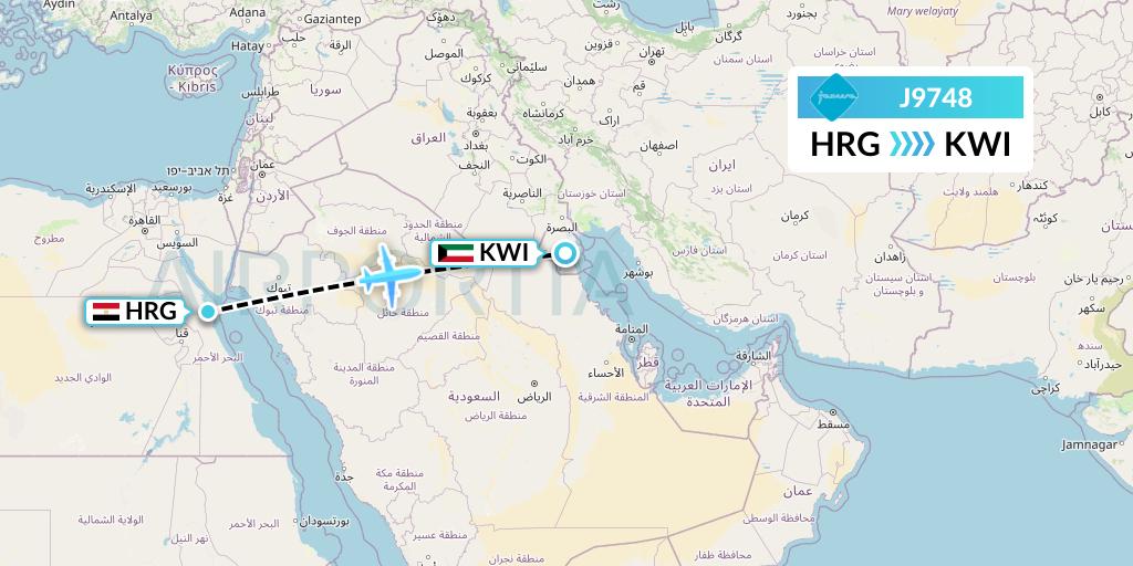 J9748 Jazeera Airways Flight Map: Hurghada to Kuwait City