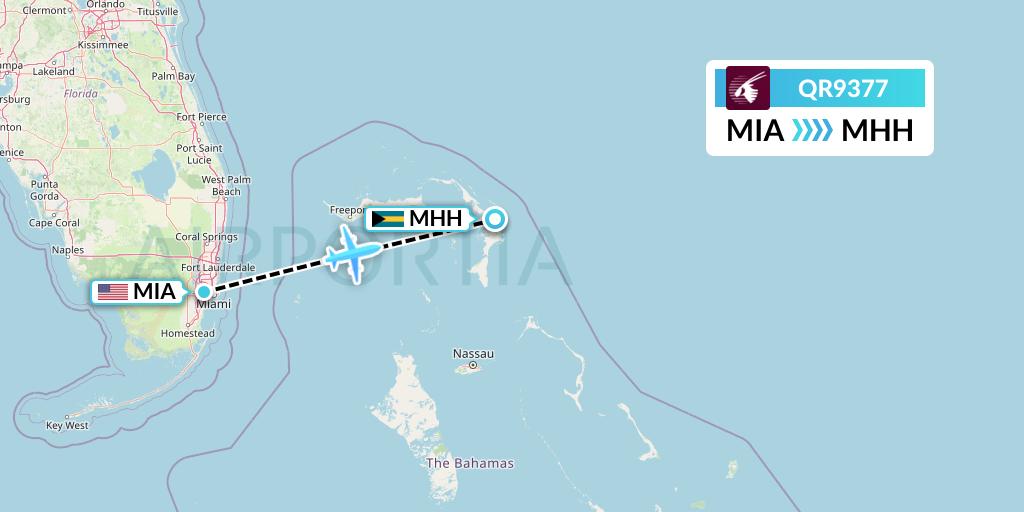 QR9377 Qatar Airways Flight Map: Miami to Marsh Harbour