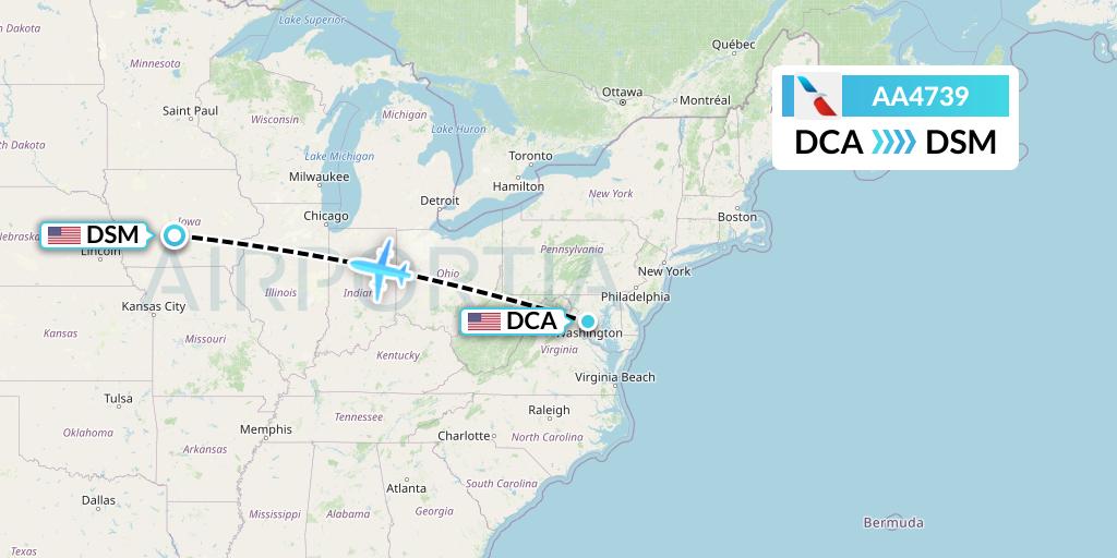 AA4739 American Airlines Flight Map: Washington to Des Moines