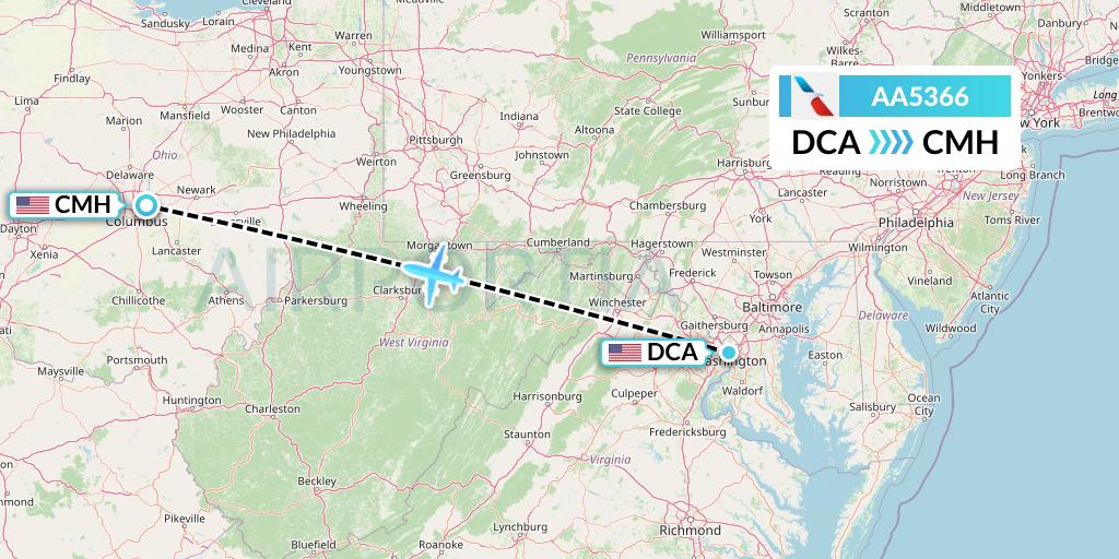AA5366 American Airlines Flight Map: Washington to Columbus