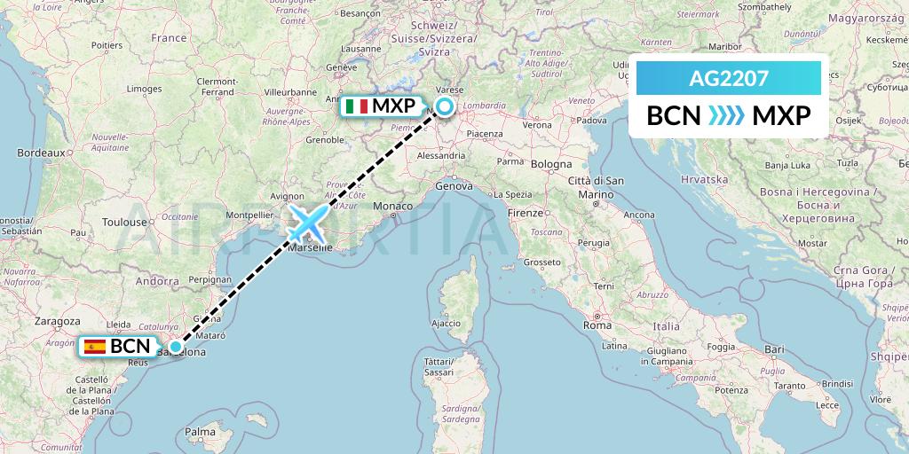 AG2207 Aruba Airlines Flight Map: Barcelona to Milan