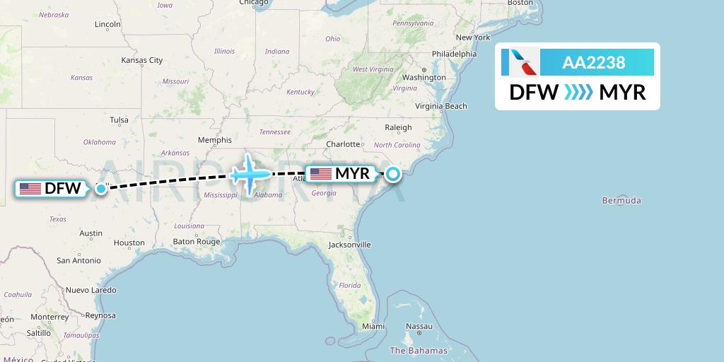AA2238 American Airlines Flight Map: Dallas to Myrtle Beach