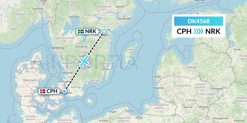 DK4568 Thomas Cook Airlines Scandinavia Flight Map: Copenhagen to Norrkoping