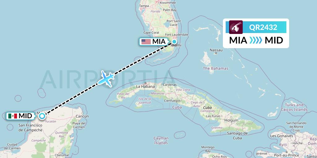 QR2432 Qatar Airways Flight Map: Miami to Merida